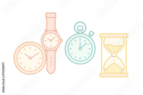Pastel colored timepieces including a wrist watch, round clock, stopwatch, and hourglass