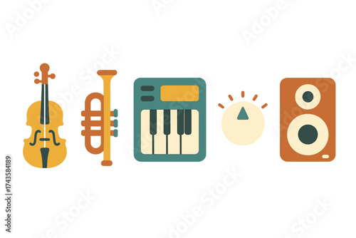Collection of musical instruments and audio equipment including violin, trumpet, keyboard, and speaker