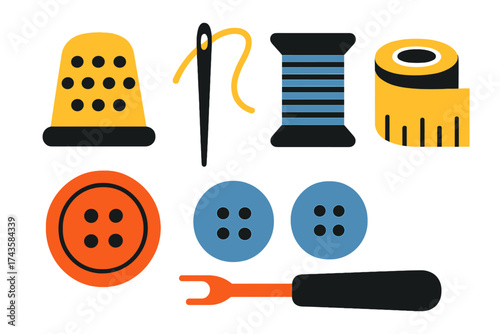 Collection of essential sewing and tailoring tools: needle, thread, thimble, buttons, measuring tape