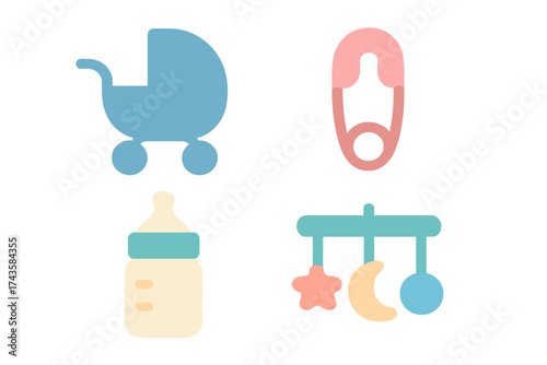 Simple icons representing newborn essentials: baby carriage, safety pin, bottle, and mobile