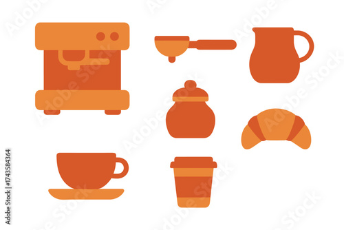 Essential breakfast and coffee elements set in warm orange tones including machine and croissant