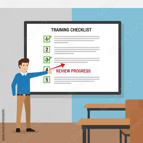Dynamic training checklist presentation with instructor explaining project progress for business teams, modern design