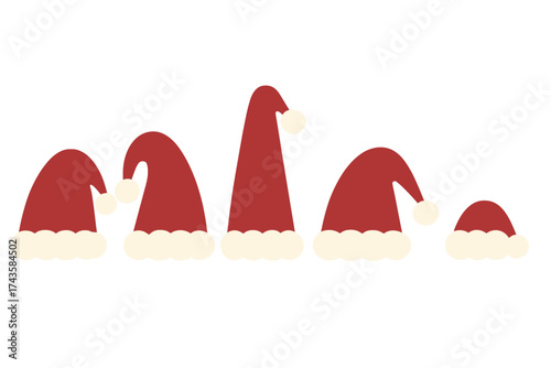 Collection of five traditional red and white Santa Claus hats in various shapes