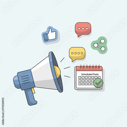 Boost your social media with a megaphone and calendar to schedule posts for growth and engagement marketing strategy