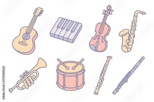 Pastel colored collection of musical instruments including guitar, violin, and saxophone