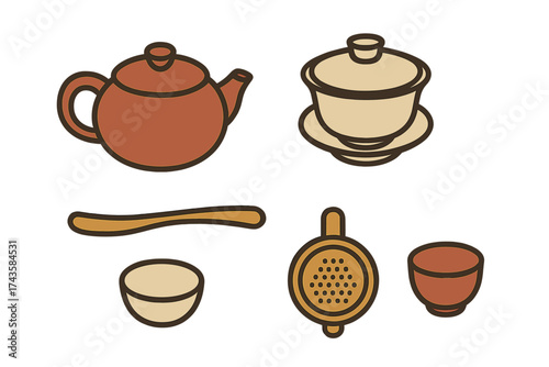Traditional Chinese tea ceremony utensils set: teapot, gaiwan, cups, strainer, scoop