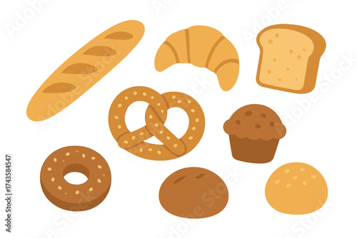 Assortment of fresh baked goods including croissant baguette pretzel muffin and bread