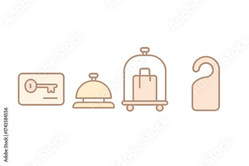 Essential symbols for hotel services including room key card, reception bell, luggage trolley, and door sign