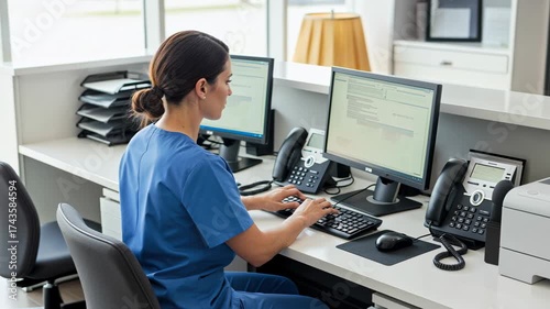 Nurse or medical receptionist working on administrative tasks on computer at healthcare clinic front desk.