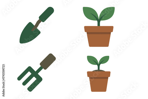 Essential gardening equipment set including trowel, hand fork, and young potted plants