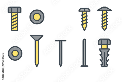 Collection of construction and repair hardware fasteners including bolts screws nails and washers
