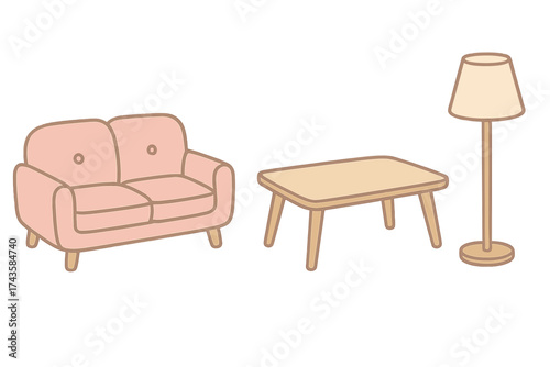 Minimalist living room furniture set featuring a pink couch, wooden coffee table, and standing lamp