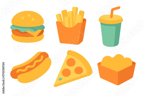 Collection of six popular fast food sticker icons: hamburger, french fries, soda drink, hot dog, pizza slice, and chicken nuggets