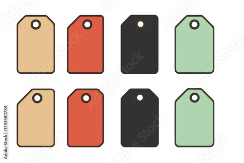 Set of eight blank retail price tags in various colors and shapes for commerce and sale