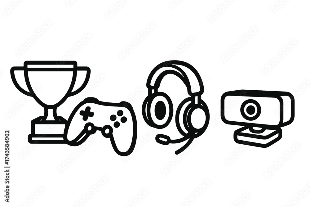 Naklejka premium Outline icons of gaming trophy, gamepad controller, headset, microphone, and webcam for streaming