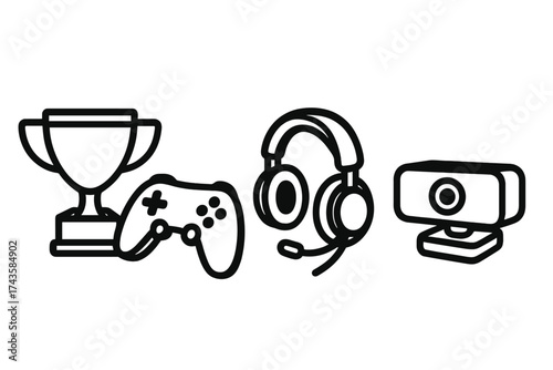 Outline icons of gaming trophy, gamepad controller, headset, microphone, and webcam for streaming