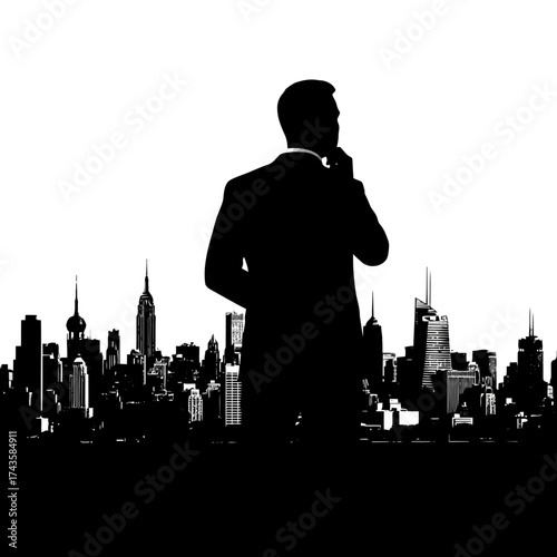Businessman silhouette contemplating city skyline isolated on white background silhouette