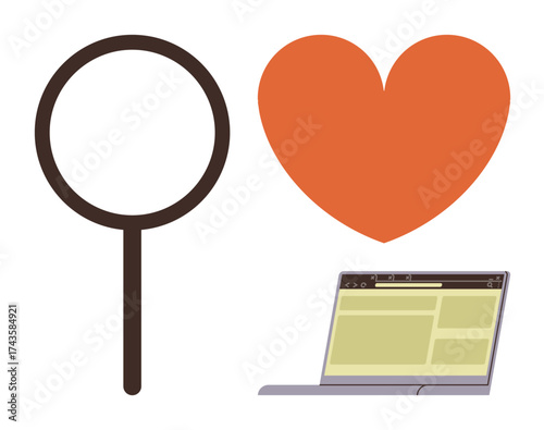 Magnifying glass, red heart, and laptop with webpage highlight concepts of online discovery and connection. Ideal for social media, technology, research, relationships, innovation, marketing simple