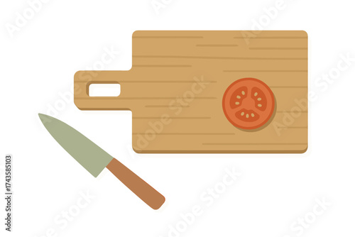 Overhead view of wooden chopping board, sharp knife, and tomato slice preparation