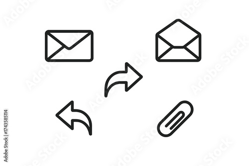 Line icons set for digital communication featuring mail, reply, forward, and attachment symbols