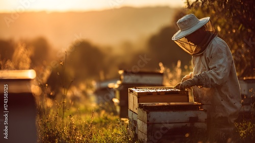 Wallpaper Mural A person in protective gear is working with wooden boxes, possibly related to a field of apiculture, in the warm light of sunset, with other hives and natural elements present. Torontodigital.ca