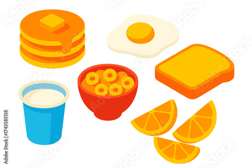 Isometric breakfast food set with pancakes, syrup, fried egg, toast, cereal, and fresh fruit