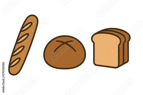 Collection of fresh baked bread varieties including baguette, round loaf, and sliced sandwich