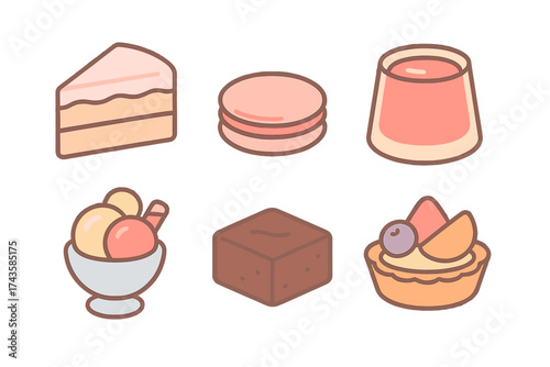 Cute pastel dessert icons set including cake slice macarons pudding ice cream brownie and fruit tart