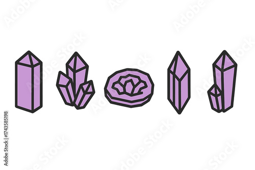 Detailed assortment of mystical purple crystal formations and raw amethyst stone shapes