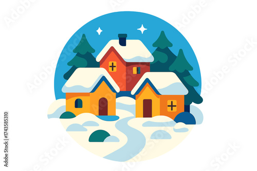 Colorful snow-covered houses and evergreen trees in a charming winter landscape under a dark sky