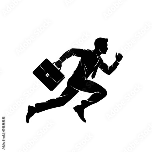 Businessman running with briefcase silhouette isolated on white background