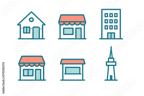 Colorful outline icons representing real estate, city structures, and commercial buildings