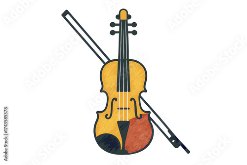 Stylized classical violin and bow graphic featuring textured color blocks on a white background