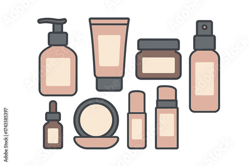 Assortment of beauty products packaging containers for skincare and makeup routines