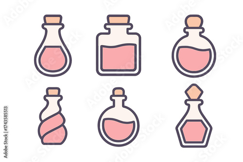 Six stylized bottles with pink liquid and cork stoppers in flat design style
