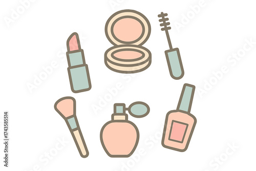 Flat lay arrangement of essential beauty and cosmetic products in a circle