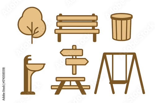 Set of essential park and outdoor recreation elements including tree, bench, swing, and picnic table
