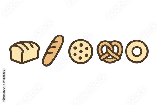 Assortment of baked goods including bread, baguette, cookie, pretzel, and bagel