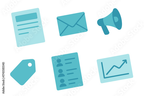 Essential business and marketing icons set featuring document, email, megaphone, price tag, contacts, and growth graph