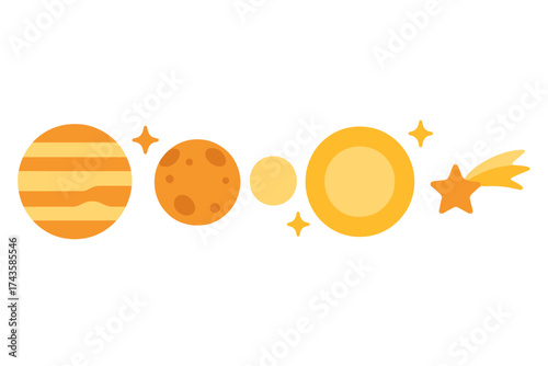 Cute cartoon solar system elements set with planets, sun, comet, and stars