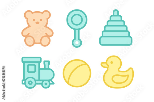 Cute colorful collection of classic baby toys including teddy bear rattle and rubber duck