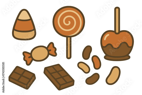 Classic sweet treats assortment featuring candy corn, chocolate bars, caramel apple, and swirl lollipop