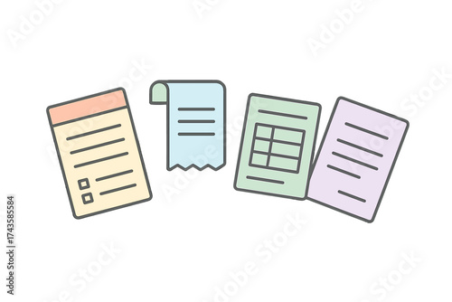 Set of administrative and financial documents including receipt, checklist, and spreadsheet forms