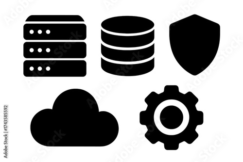 Essential black glyphs for data storage, cloud computing, security, and server settings