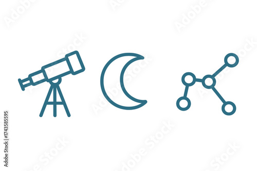 Outline icons set of astronomical symbols including telescope crescent moon and constellation