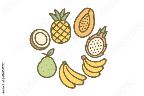 Stylized exotic tropical fruits collection including pineapple, banana, papaya, coconut, and dragon fruit