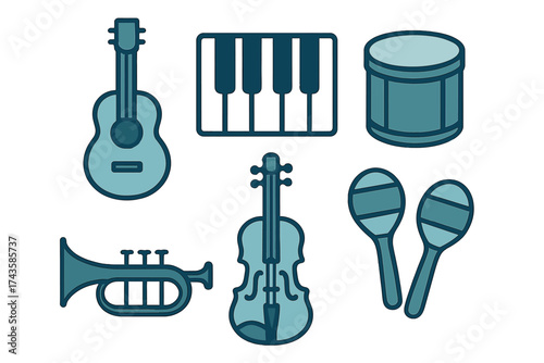 Set of stylized flat musical instrument icons (guitar, piano, trumpet, violin, drum)
