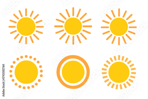 Set of six simple sun symbols in yellow and orange for summer and heat concepts