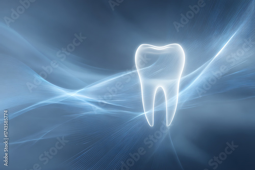 発光する白い歯と流れる光の波を組み合わせたデンタルテクノロジー背景