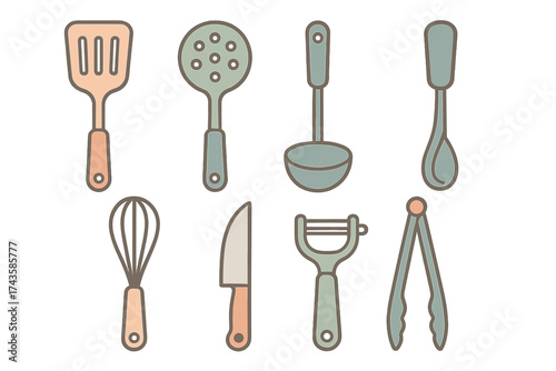 Collection of essential kitchen utensils and cooking equipment tools